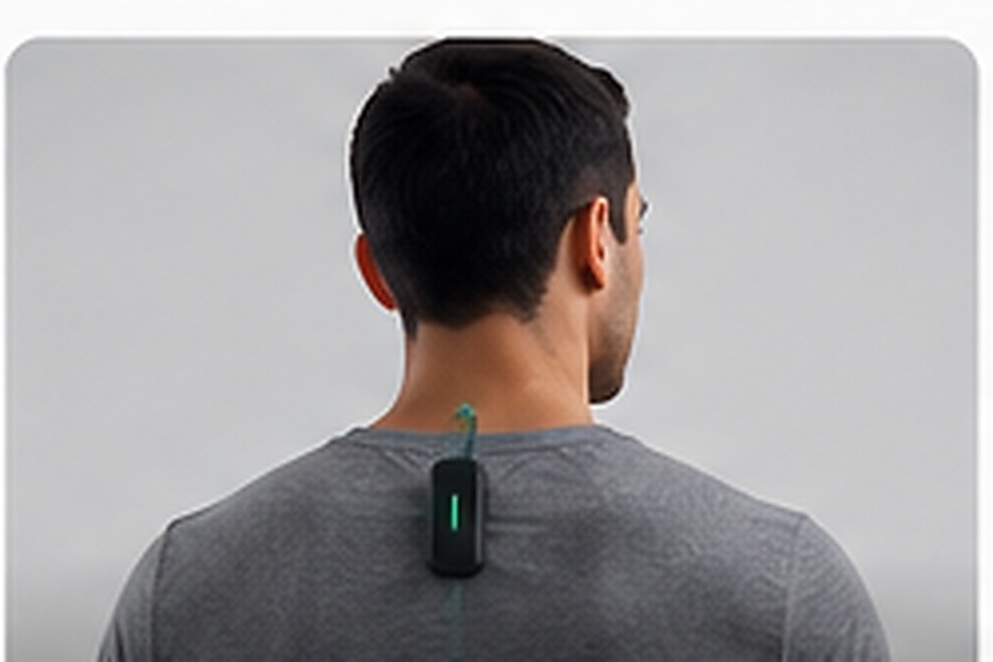 Male user wearing a compact Poseture posture device on the upper back