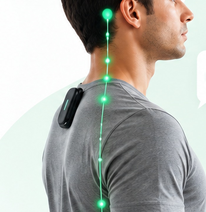 Male user wearing the Poseture clip-on posture device with alignment markers