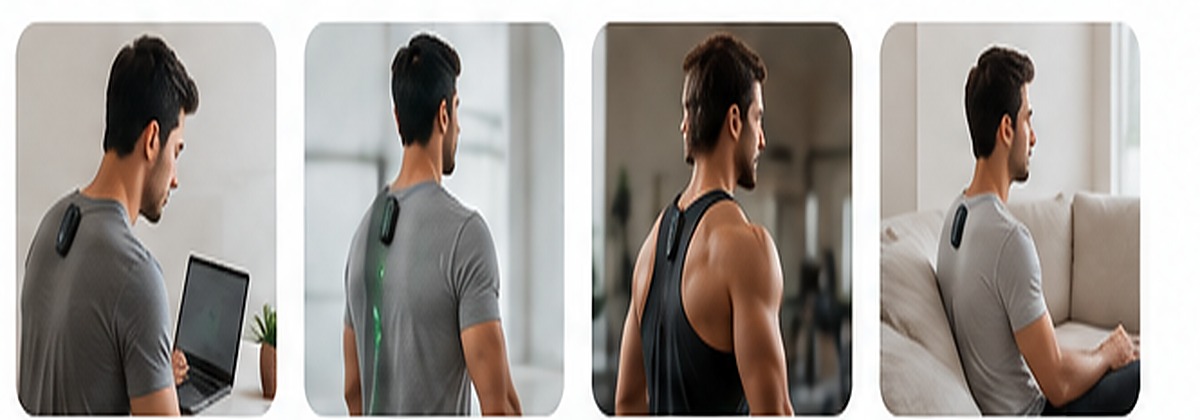 Male users wearing a compact clip-on posture device in everyday settings